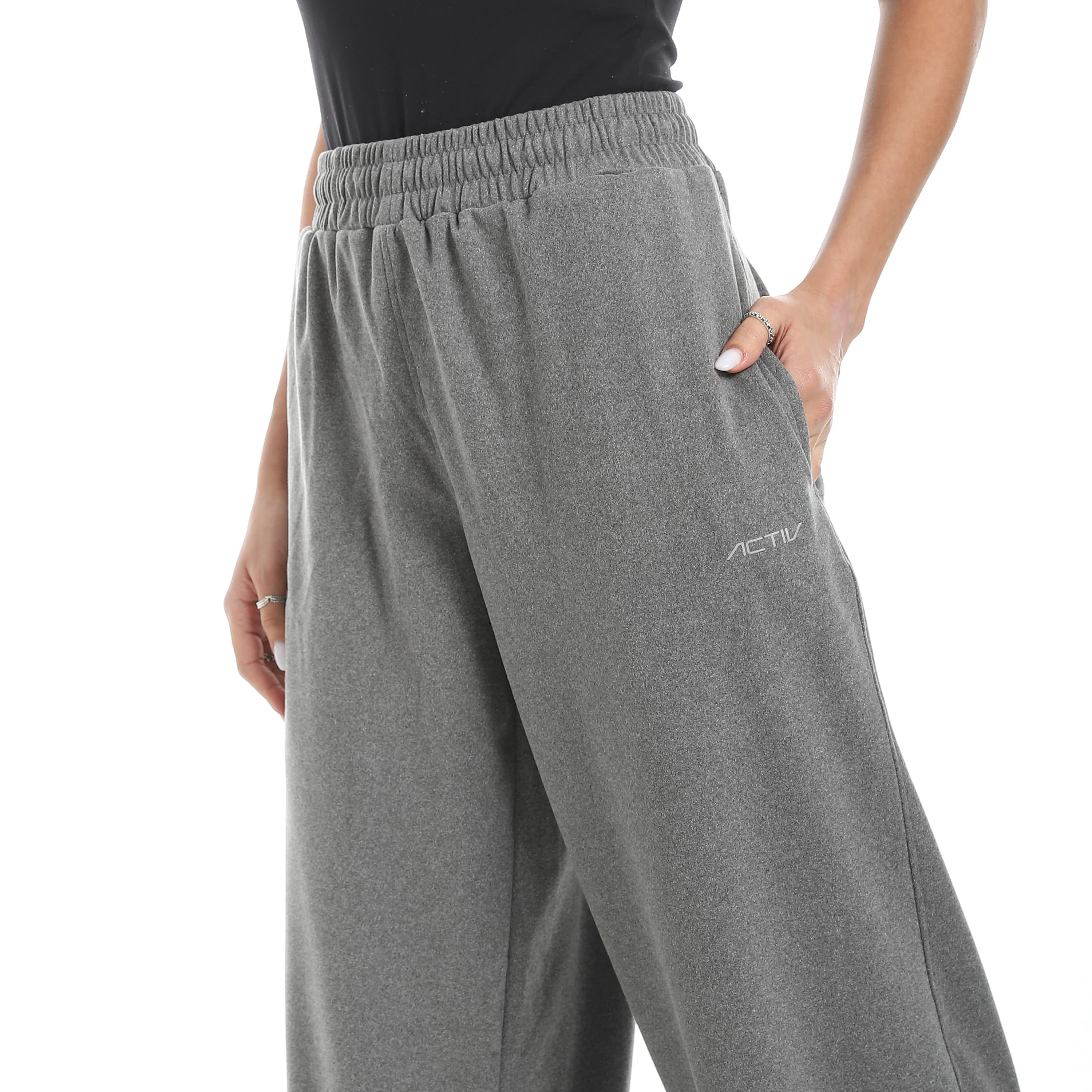 DRAWSTRING WAIST WID LEG PANTS - رمادي - Image 3