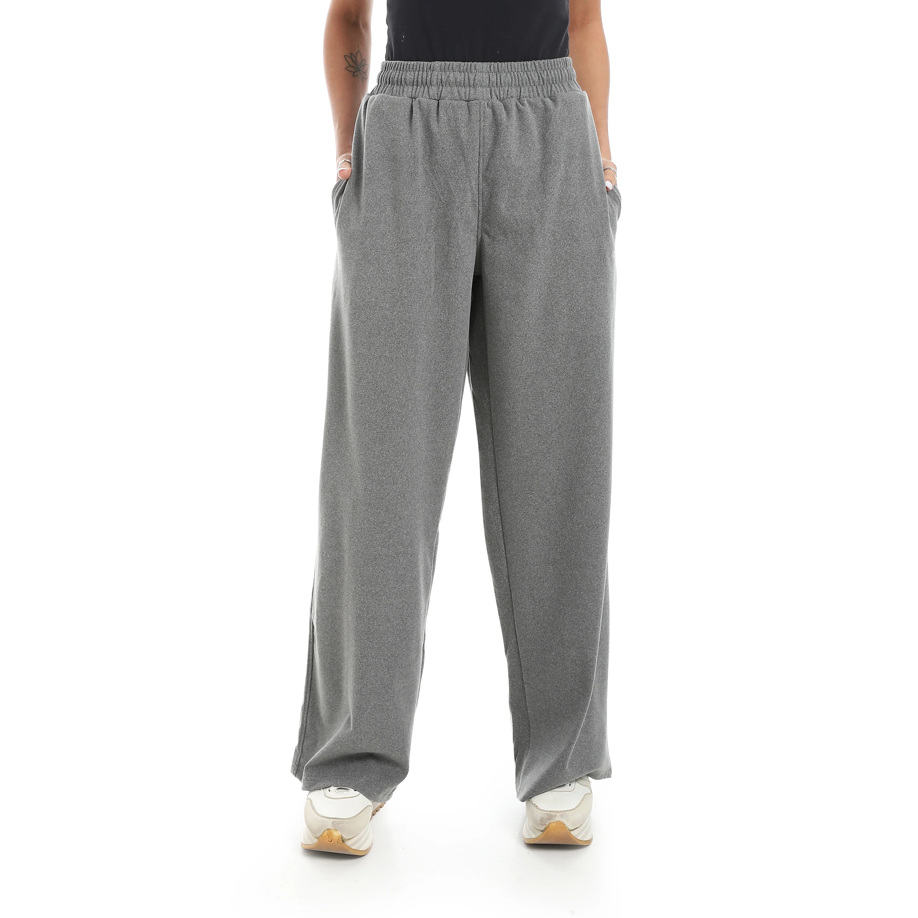 DRAWSTRING WAIST WID LEG PANTS - رمادي - Image 4