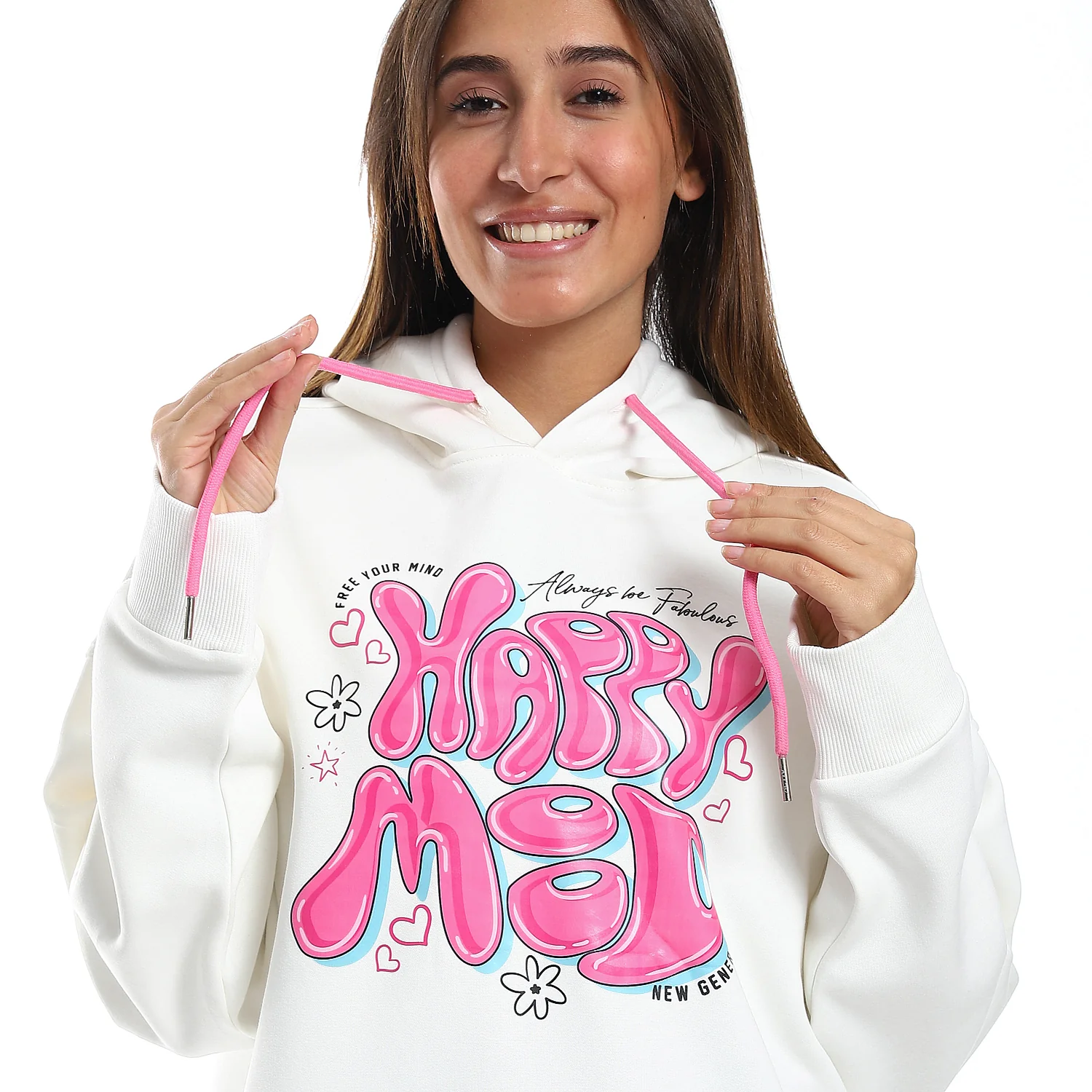 HAPPY MOOD PRINTED HOODIE - OFF WHIT - Image 3