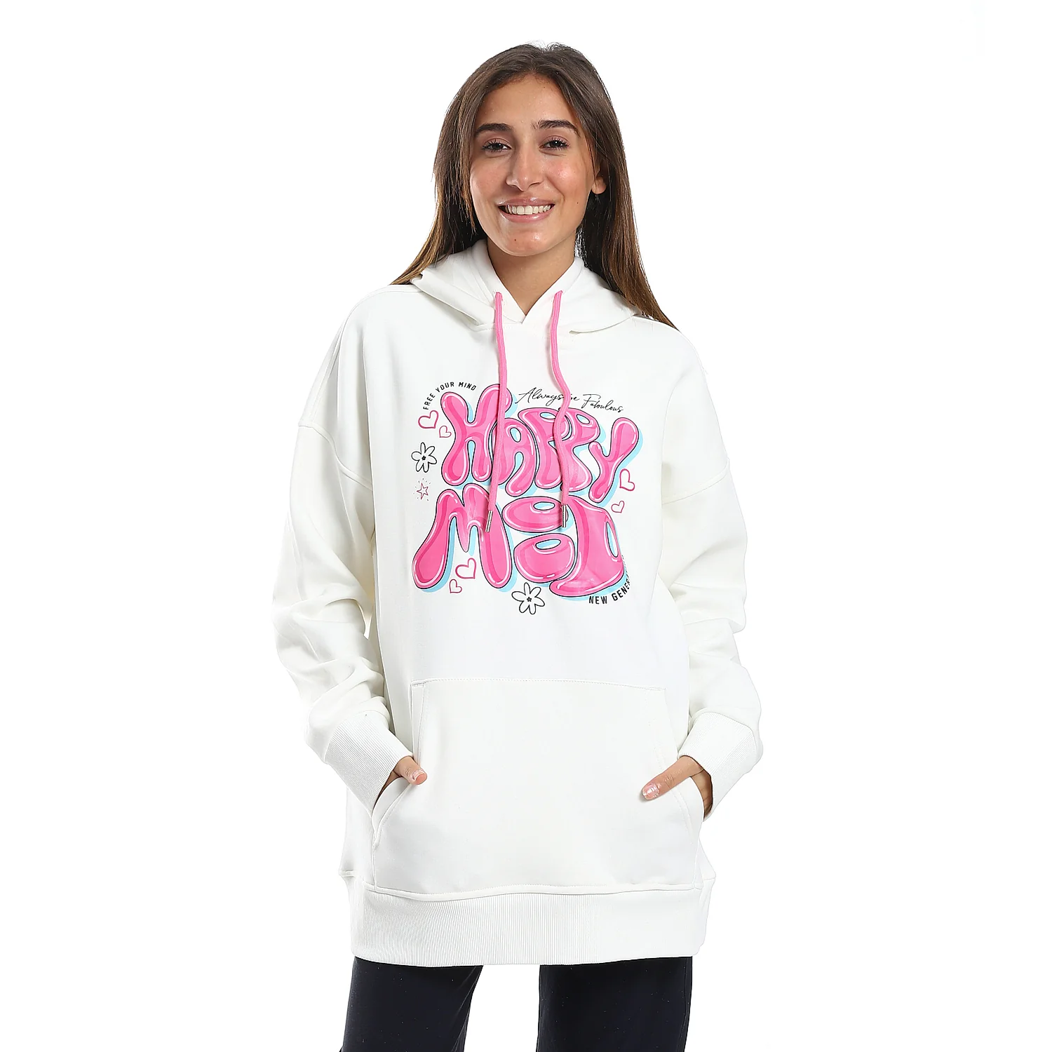 HAPPY MOOD PRINTED HOODIE - OFF WHIT - Image 4