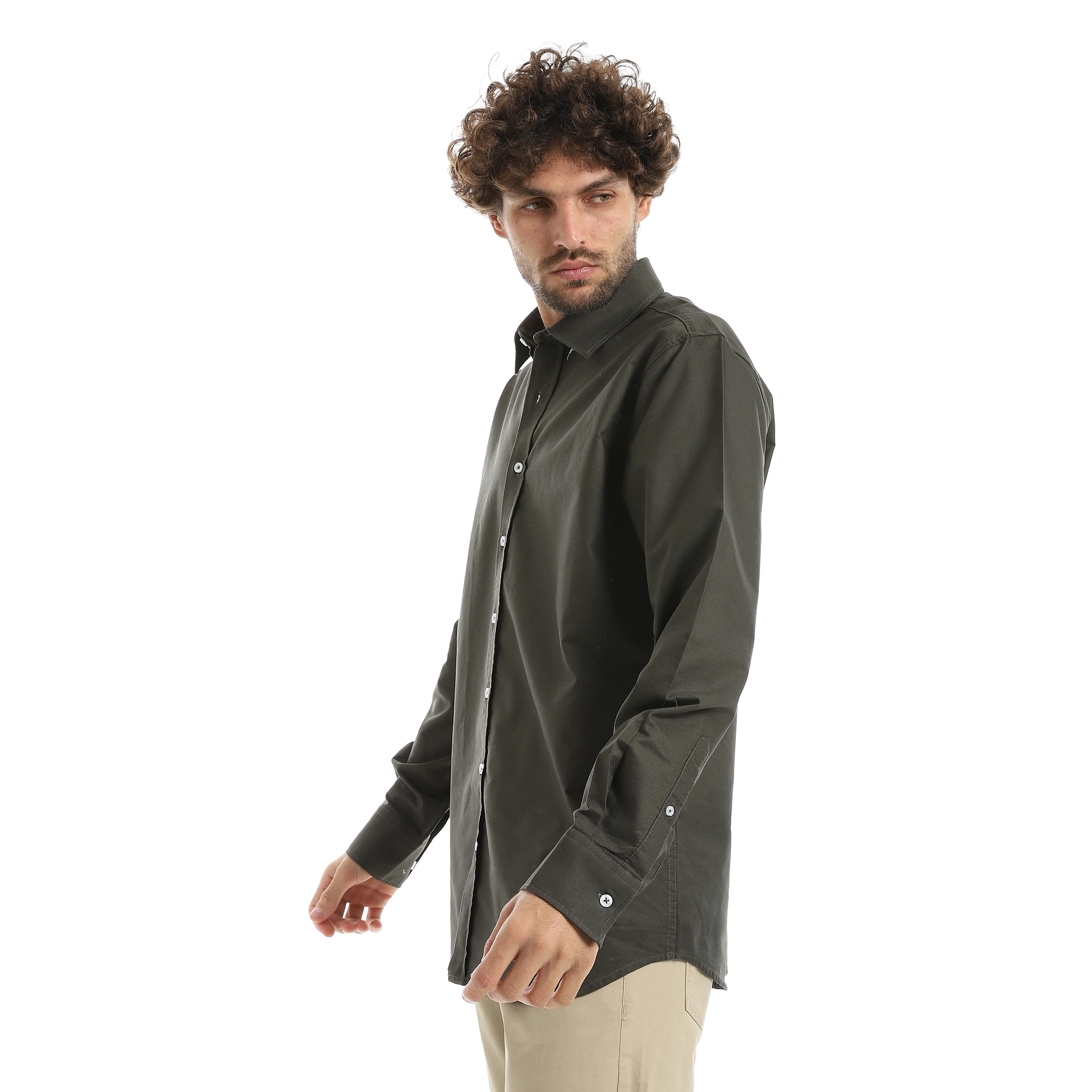 MEN'S L/S PLAIN CLASSIC SHIRT - زيتوني - Image 2