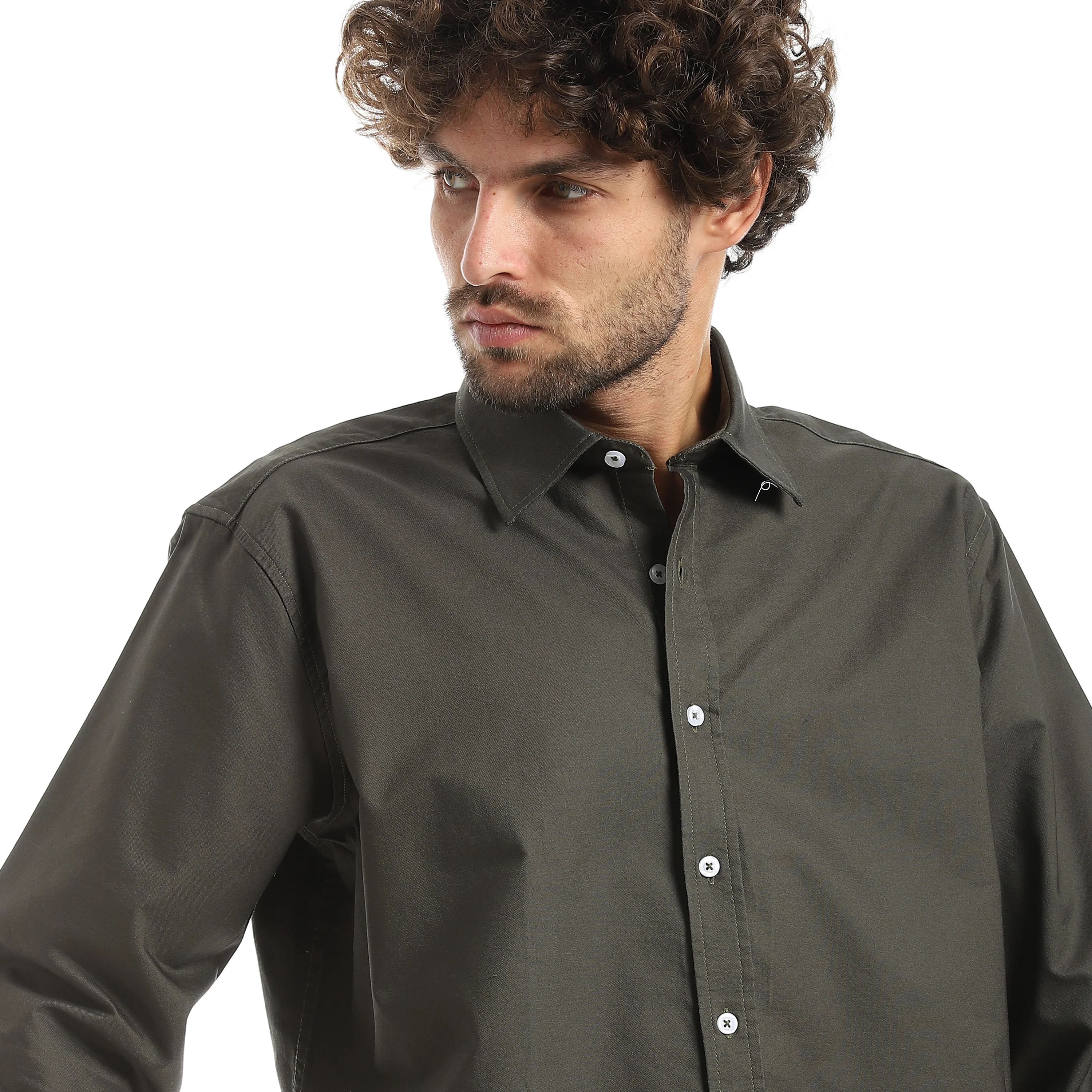 MEN'S L/S PLAIN CLASSIC SHIRT - زيتوني - Image 4