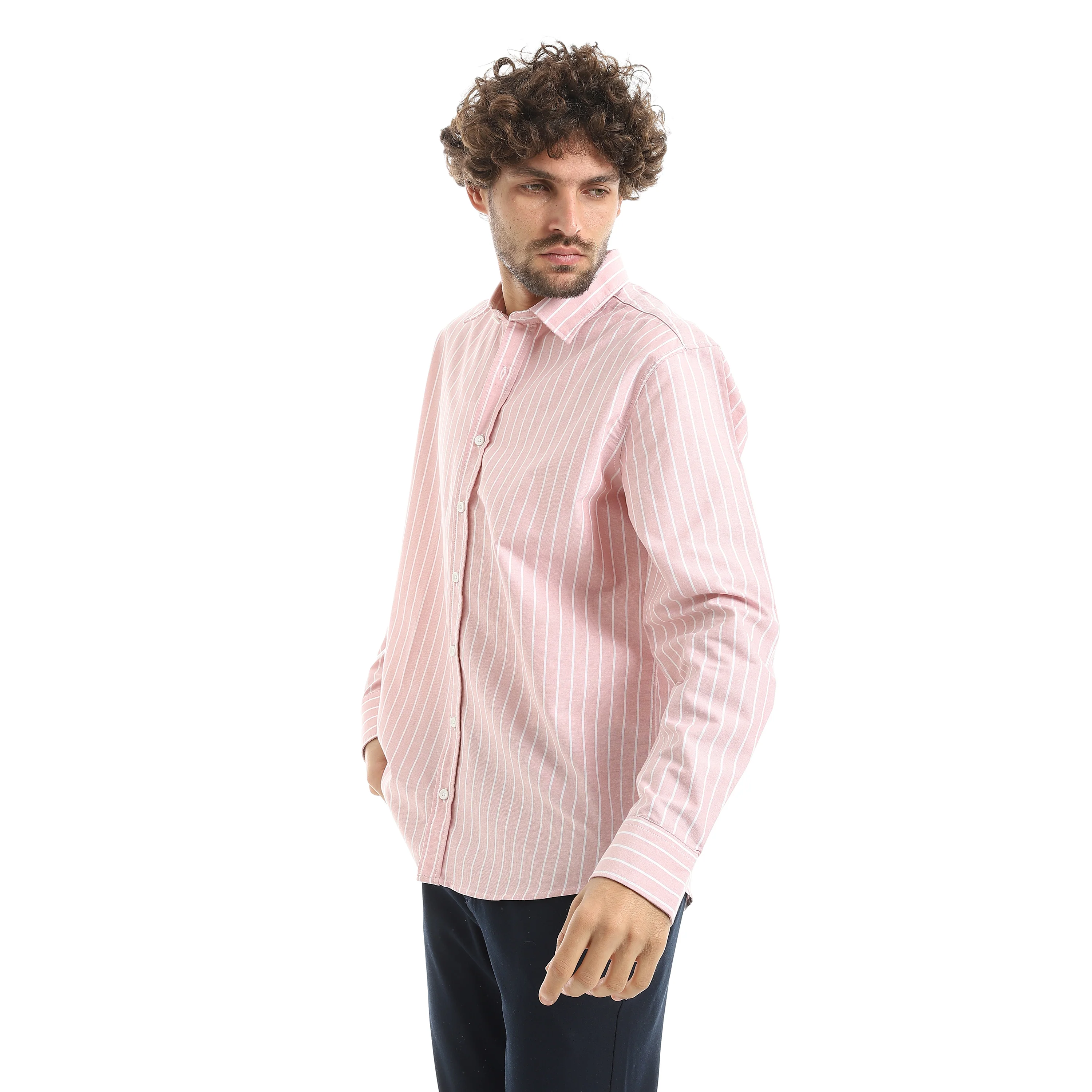 MEN'S L/S THIN STRIPED SHIRT - برتقالي - Image 2