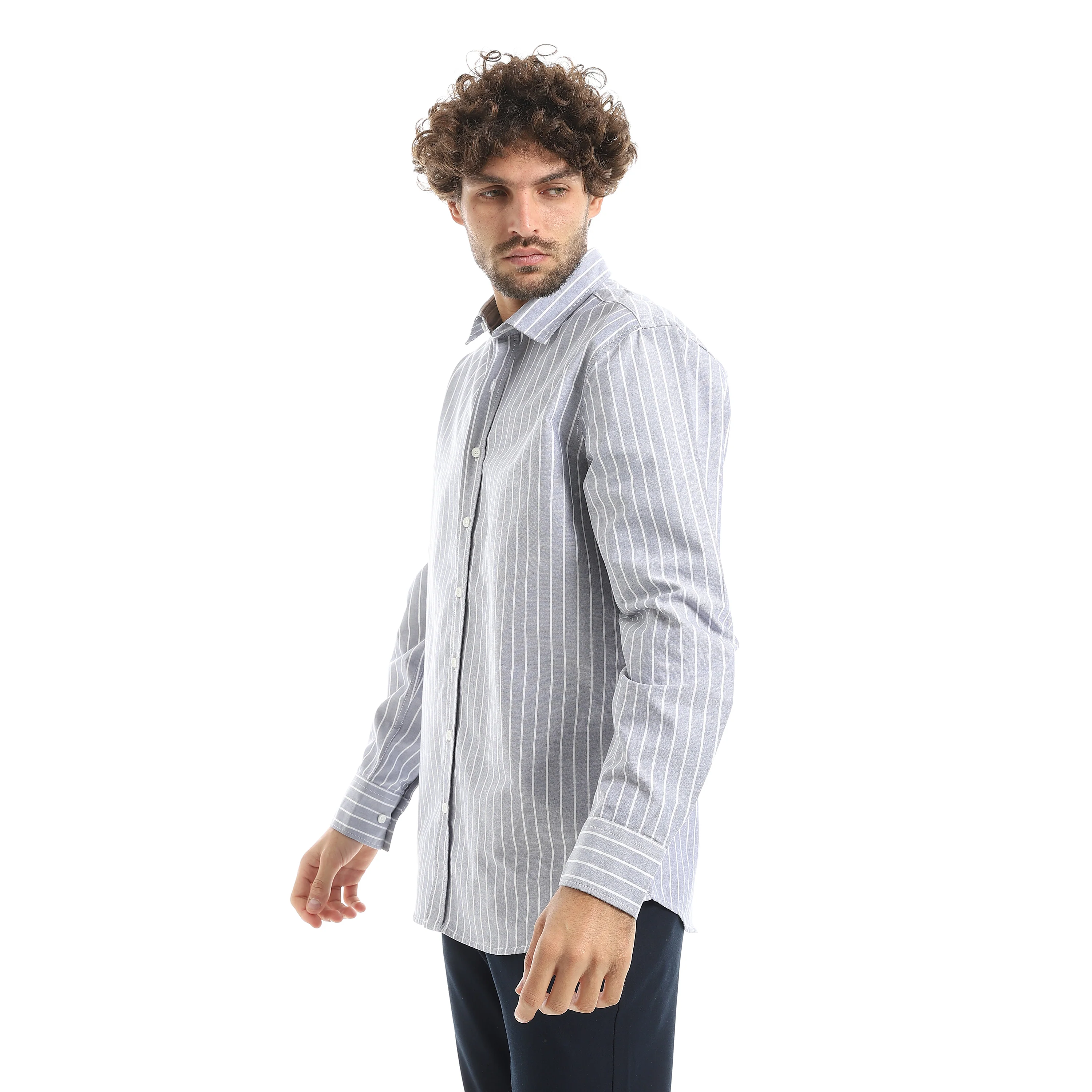 MEN'S L/S THIN STRIPED SHIRT - ازرق - Image 2