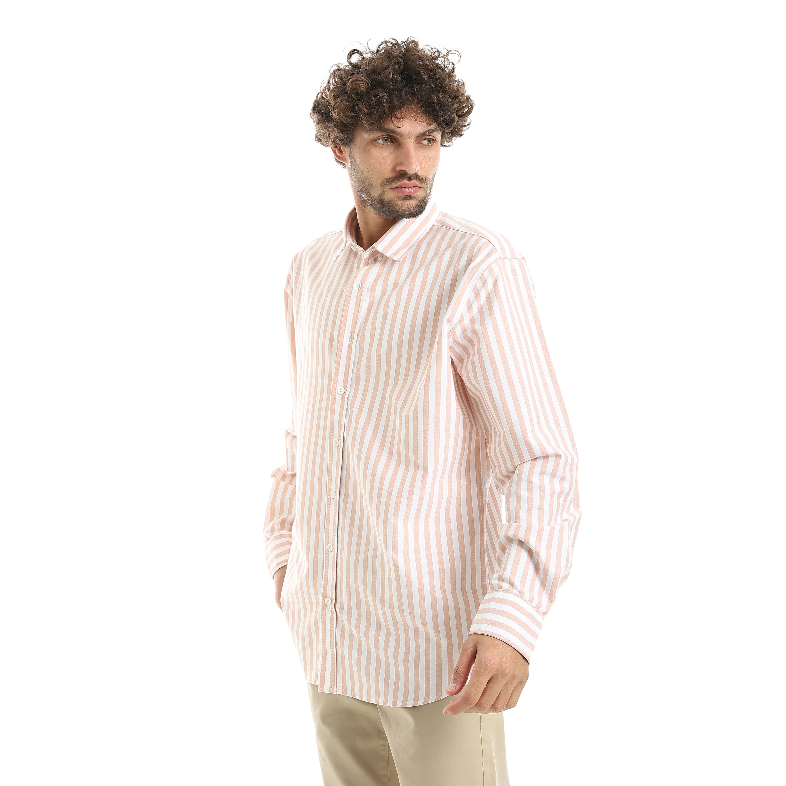 MEN'S L/S WIDE STRIPED SHIRT - برتقالي - Image 2
