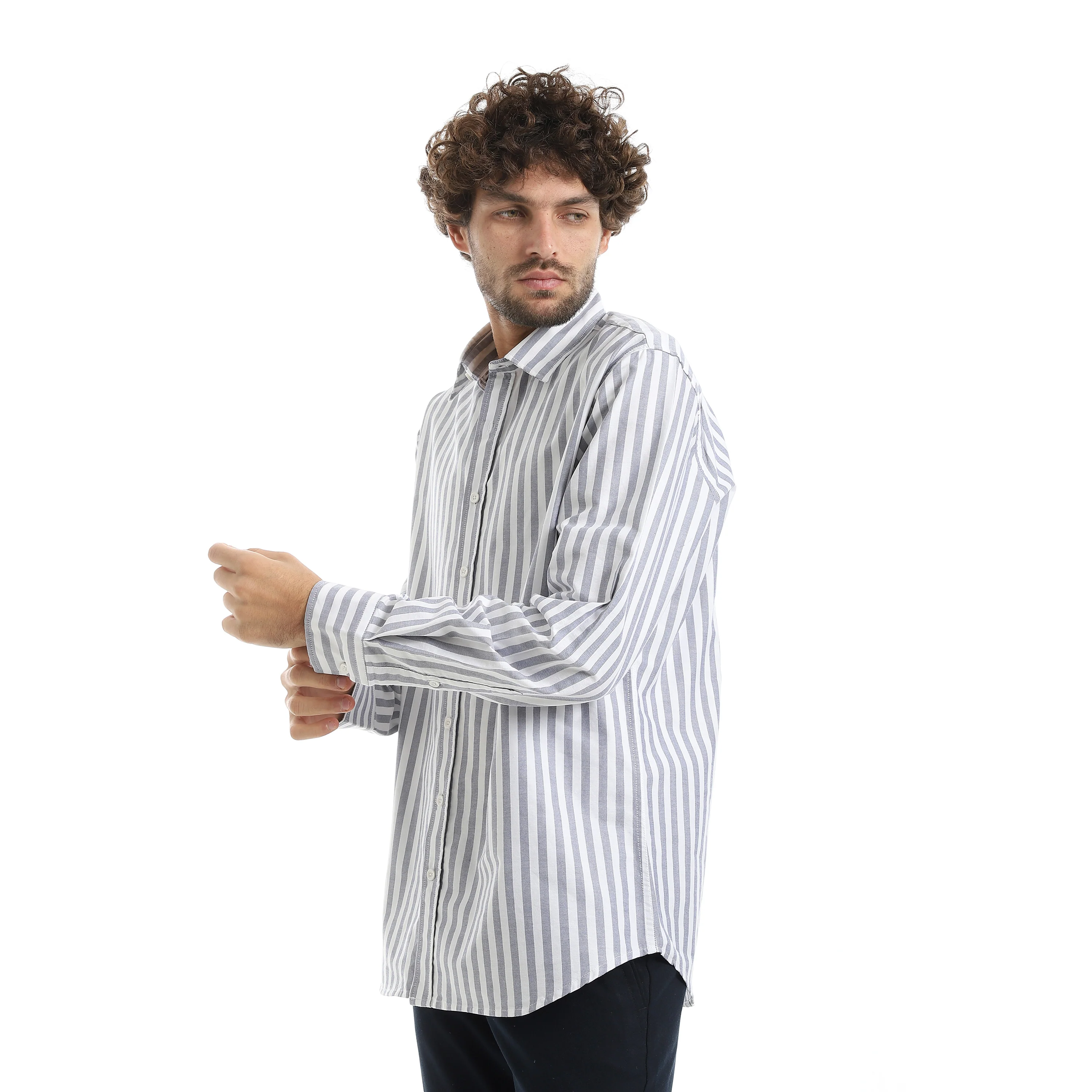 MEN'S L/S WIDE STRIPED SHIRT - كحلي - Image 2