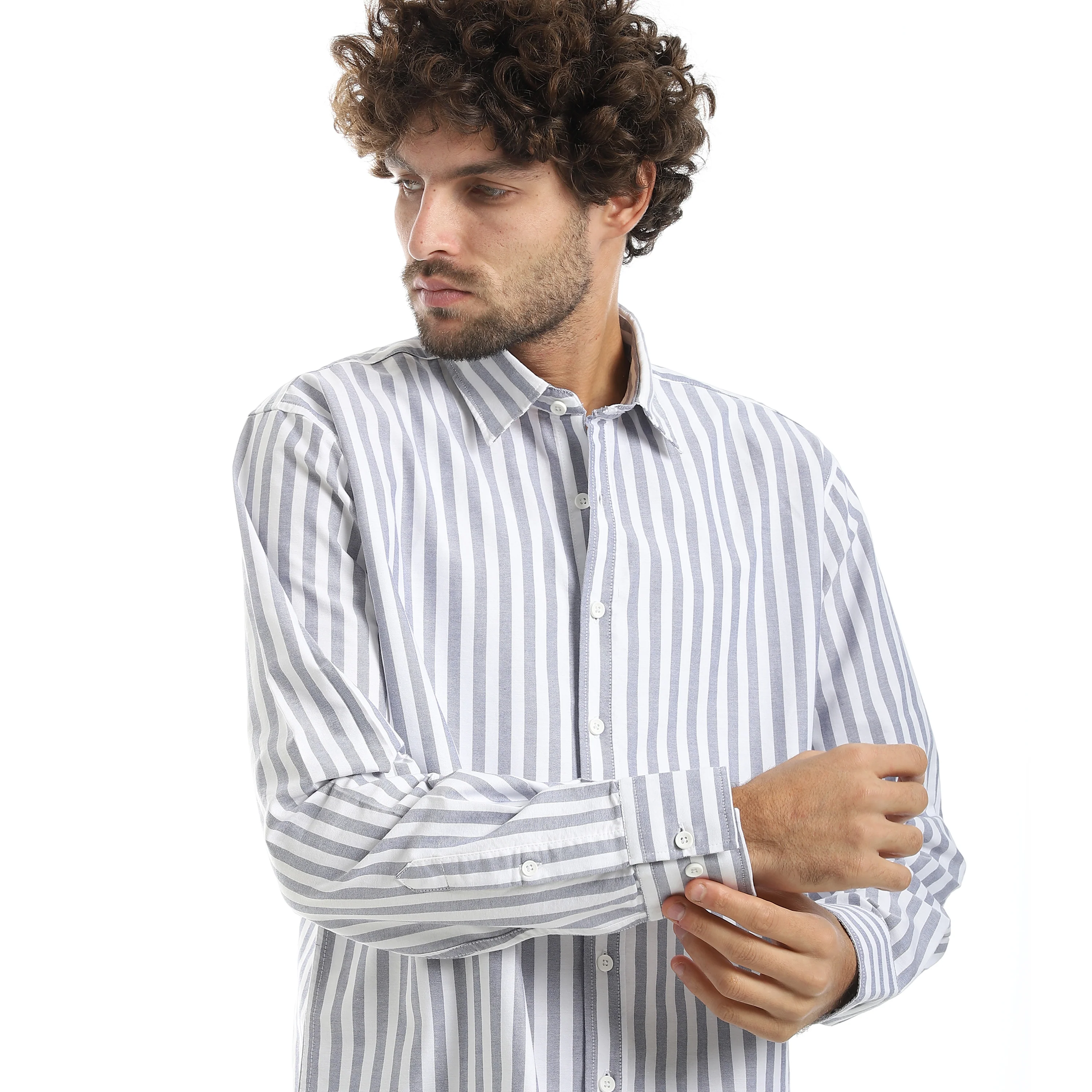 MEN'S L/S WIDE STRIPED SHIRT - كحلي - Image 4