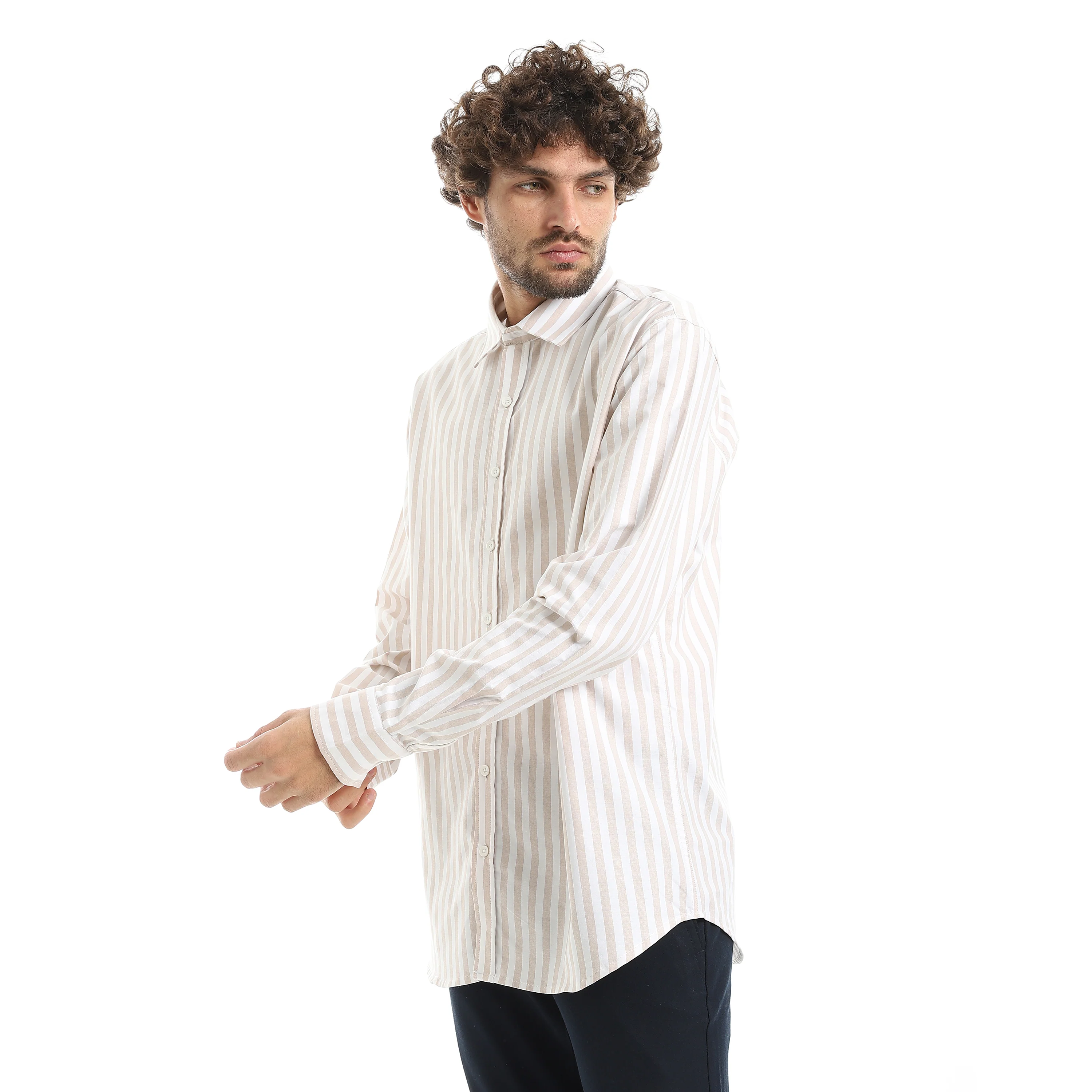 MEN'S L/S WIDE STRIPED SHIRT - بيج - Image 2