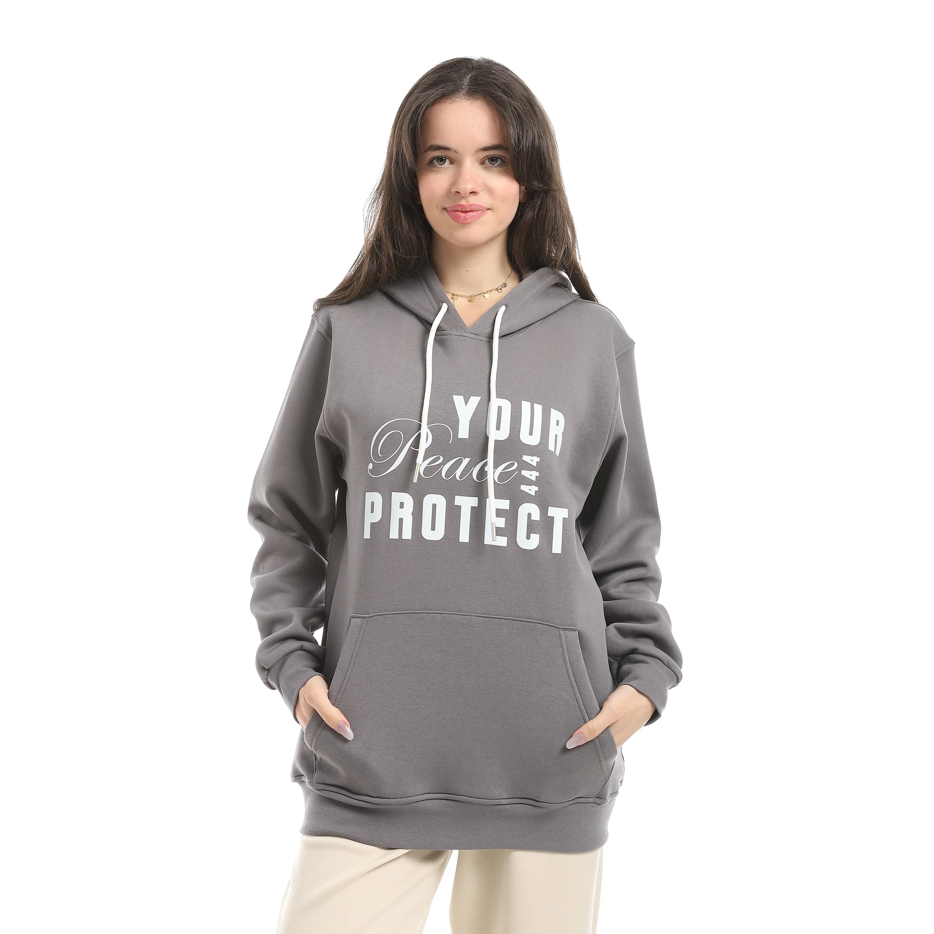 PEACE PRINT OVERSIZED HOODIE - رمادي - Image 4